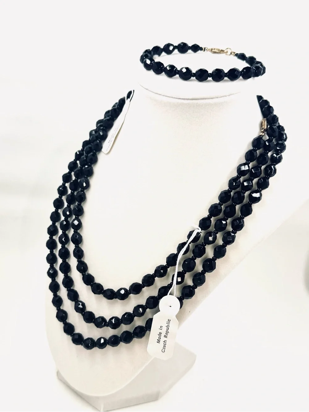 CZECH GLASS 60” Black Faceted Necklace & 7” Bracelet Set NWT